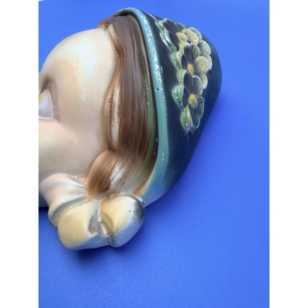 Vintage 1930s-40s Dutch Girl Chalkware String Holder Floral Bonnet Wall Decor
